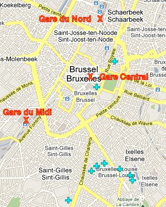 Map showing some Art Nouveau buildings in Brussels.