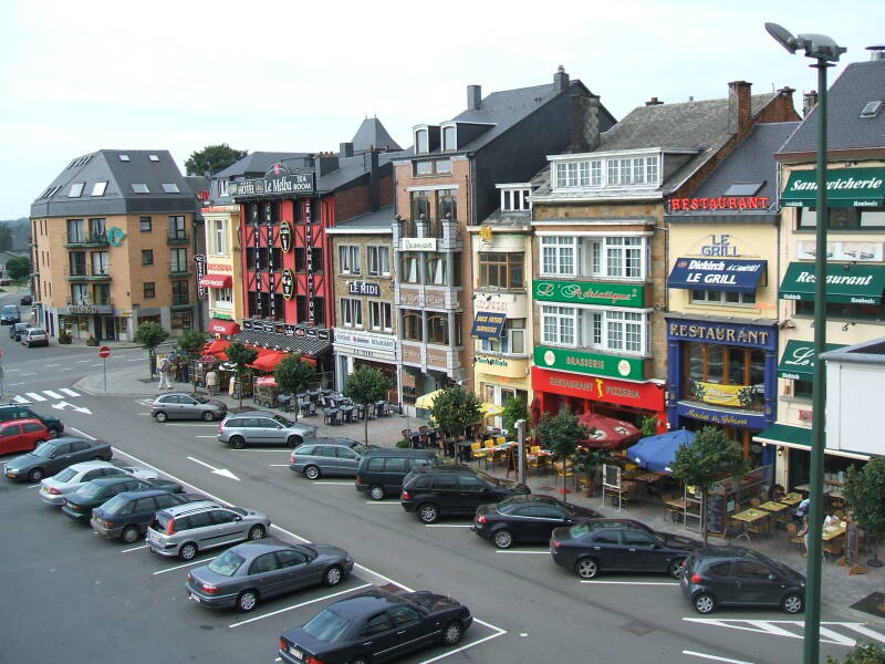 Bastogne's central square, several hotels, restaurants, and bars.