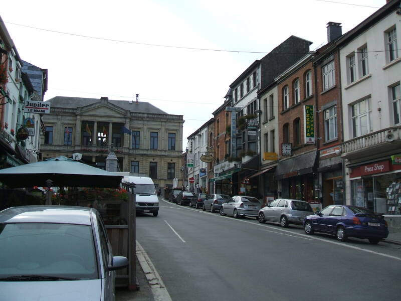 Town hall and businesses at the center of Saint-Hubert, in the Ardennes Forest in Belgium.