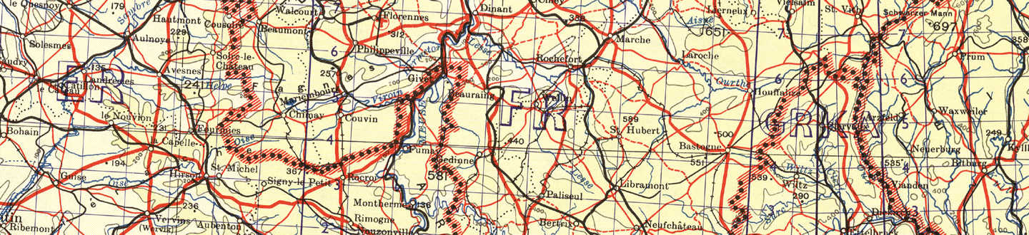 Map of southern Belgium and the Ardennes are showing Bastogne.