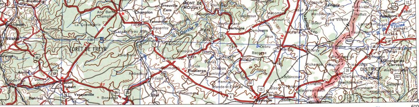 Map of southern Belgium, Ardennes around Bastogne, from NM31.