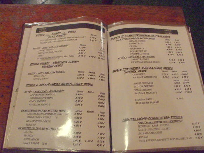 The beer carte at À la Mort Subite cafe in Brussels.