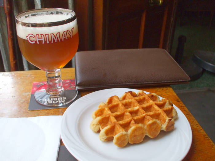 Chimay beer and a waffle, at À la Mort Subite cafe in Brussels.