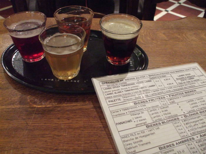 A sampler of several types of Belgian beers at À la Bécasse cafe in Brussels: lambic, geuze, and kreik.