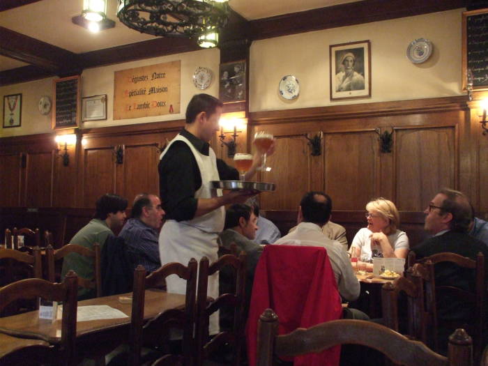 Several types of Belgian beers at À la Bécasse cafe in Brussels: lambic, geuze, and kreik.