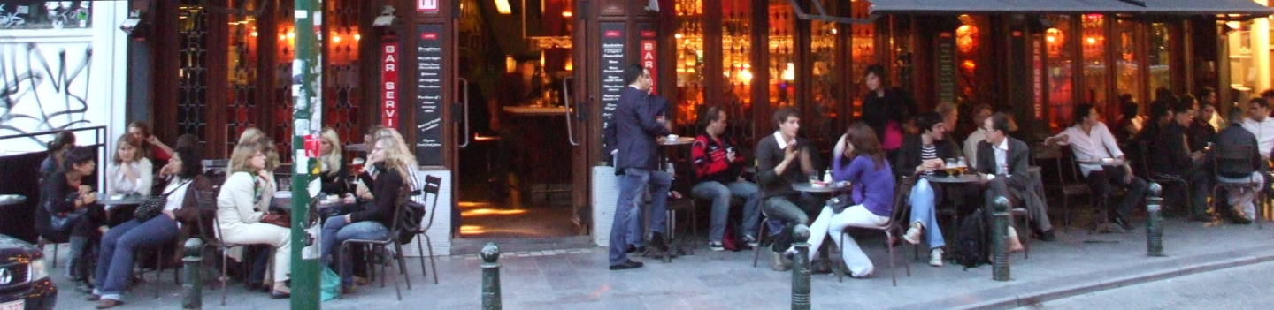 Exterior of the Mappa Mundo bar in Brussels, early evening.