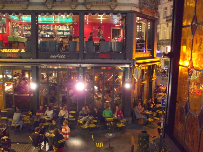 View from the upstairs bar at the Mappa Mundo cafe in Brussels, at night.