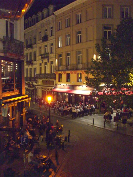 View from the upstairs bar at the Mappa Mundo cafe in Brussels, at night.