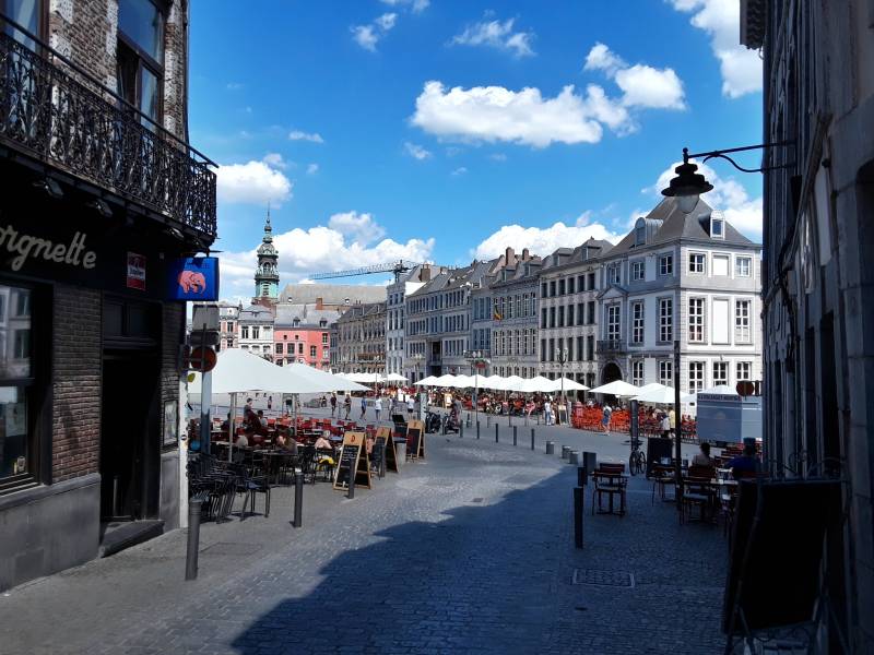 Entering the central square in Mons.