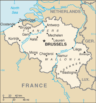 Map showing Bastogne and the Ardennes forest in southern Belgium, site of the Battle of the Bulge.