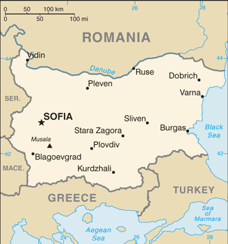 Map of Bulgaria showing Sofia.