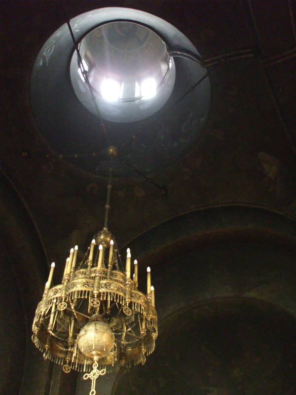 Interior of Church of Saint Nicholas in Sofia, Bulgaria.  Chandelier, dome, Kristos Pantocrator.