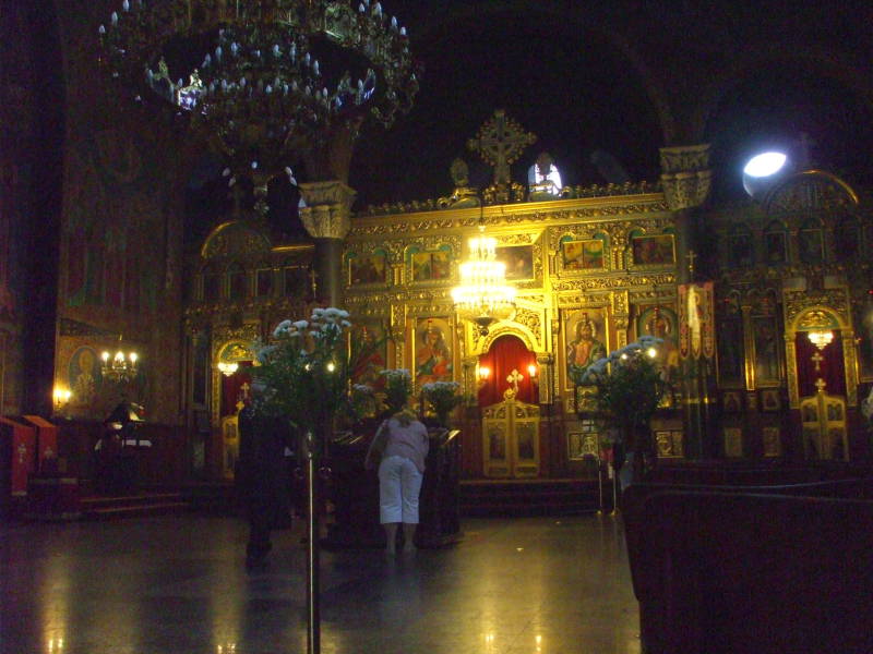Interior of Sveti Nedelya Cathedral in Sofia, Bulgaria. Iconostasis, icons and candles.