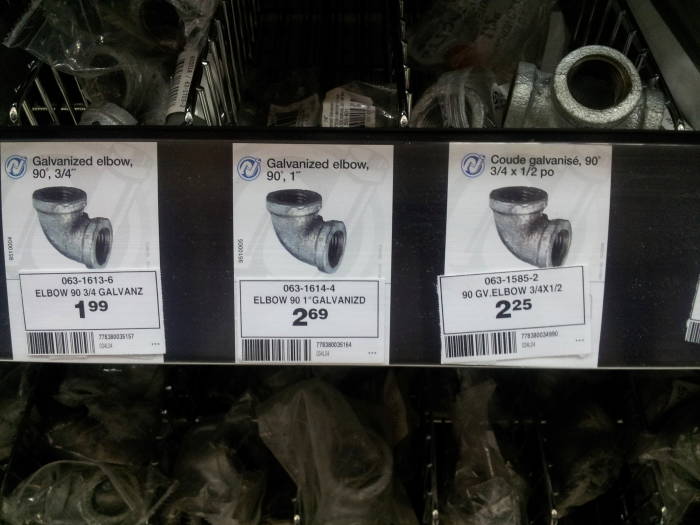 Non-metric plumbing parts in a Canada Tire store.