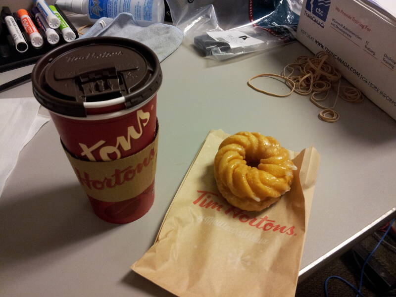 Breakfast in Canada: doughnut and Tim Horton's coffee.