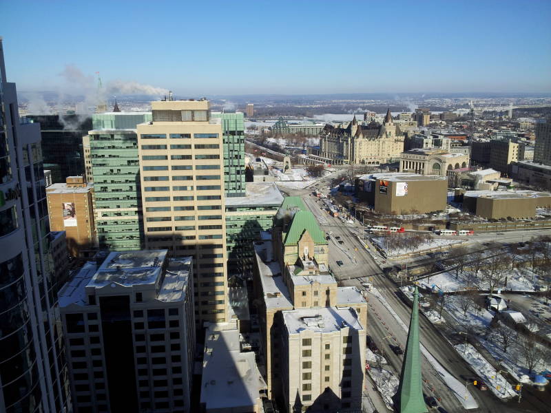 View to the north from Bell Canada office tower over Parliament Hill to Gatineau in Ottawa.