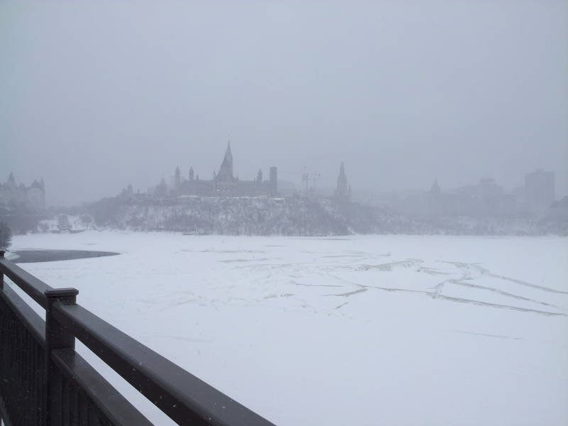 View back to Parliament Hill from bridge over Ottawa River to Gatineau.