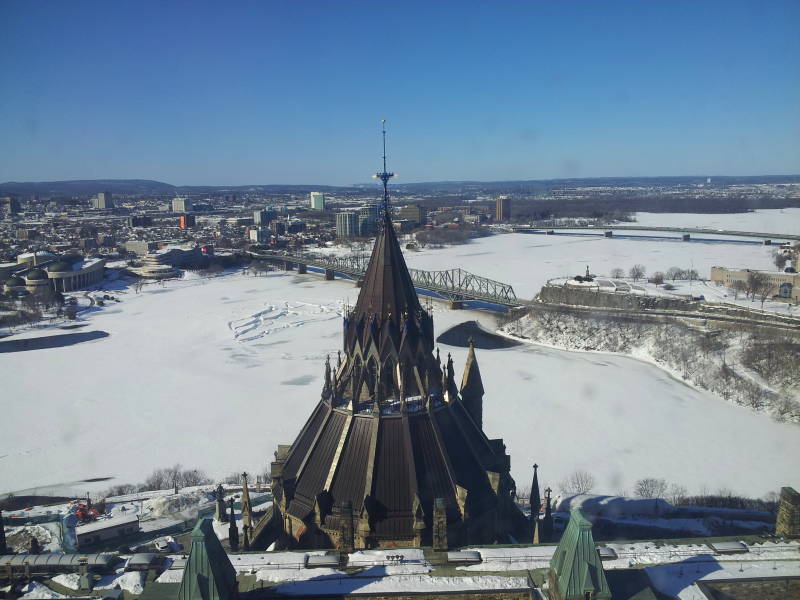 View to northeast from Peace Tower on Canadian Parliament building.