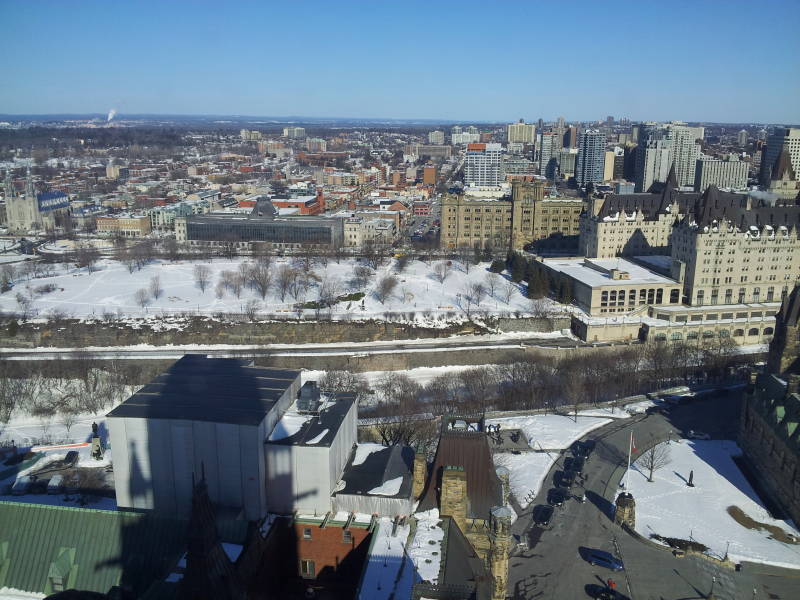 View to east from Peace Tower on Canadian Parliament building.