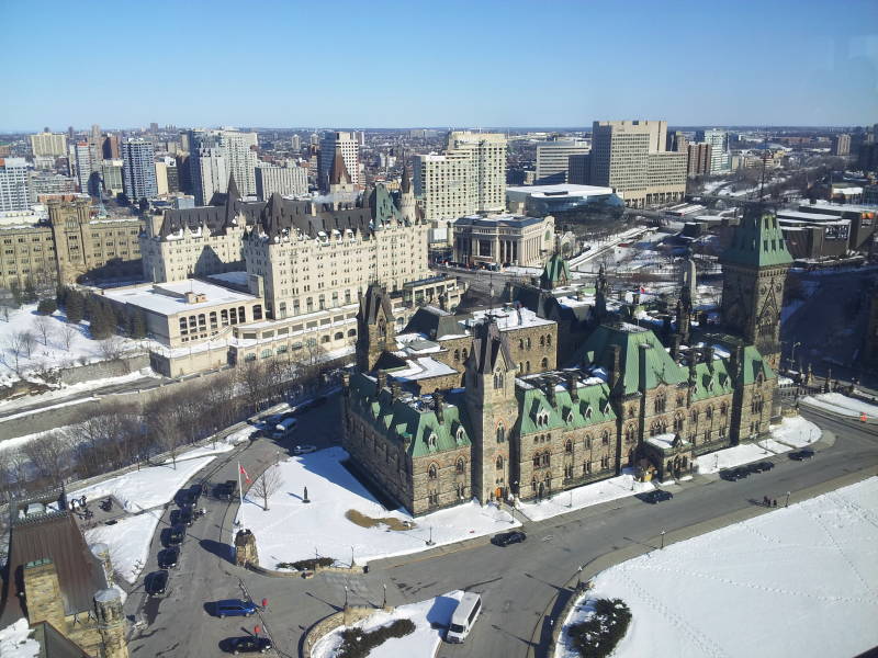 View to southeast from Peace Tower on Canadian Parliament building.