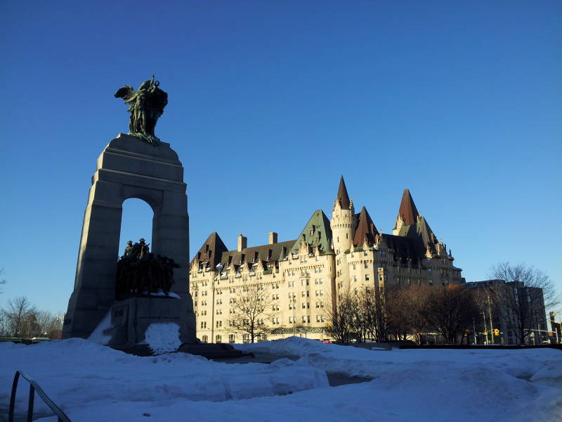 National War Memorial and Château Laurier on Parliament Hill in Ottawa.