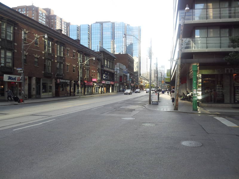 Walking to work along Dundas Street in Toronto in the morning.