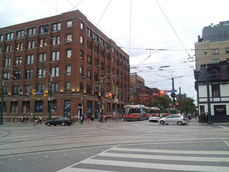 Street car tracks and cables in the Entertainment District of Toronto.