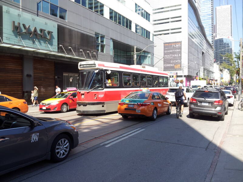 Street car in the Entertainment District of Toronto.