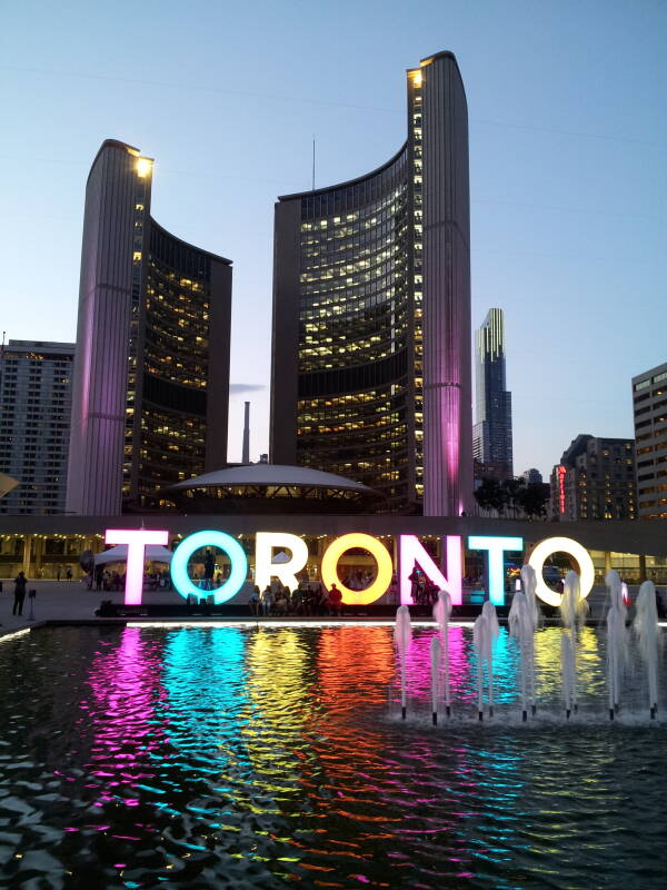 Multi-color sign near the Toronto City Hall.