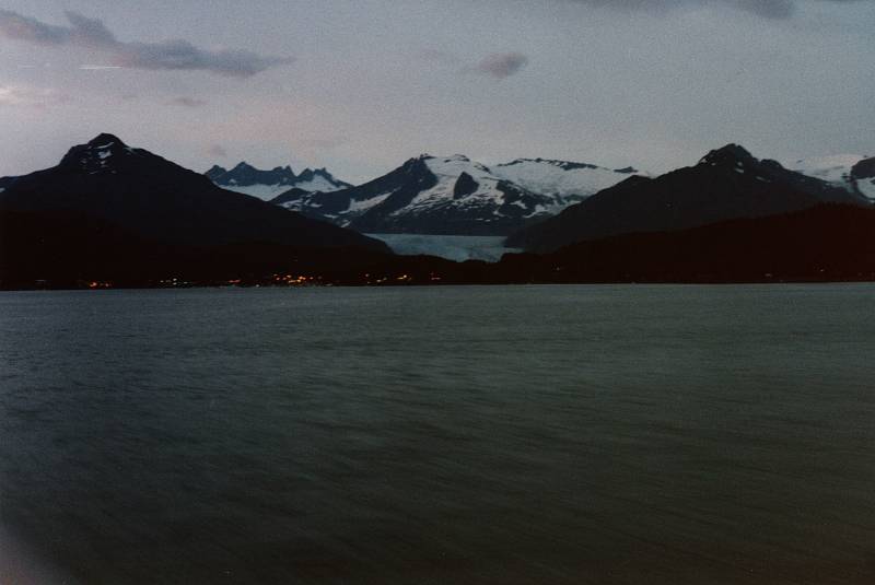 Passing the Mendenhall Glacier and Juneau, Alaska, at night.