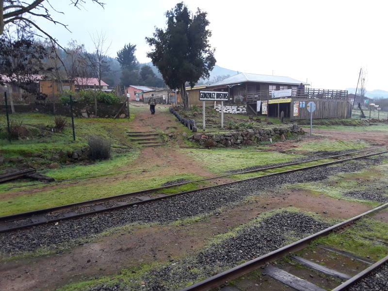 Stopping at González Bastías Station on the narrow-gauge train traveling from Talca to Constitución