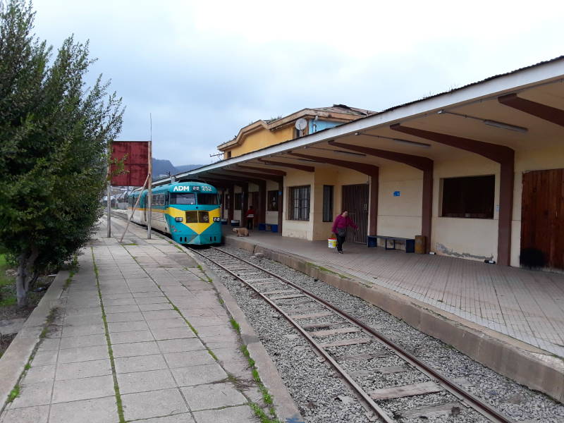 Arriving at Constitución Station on the narrow-gauge train from Talca
