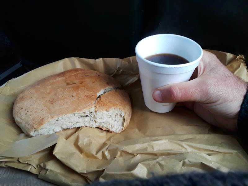 Sourdough bread and coffee bought from the vendors at the station at Gonzalez Bastias between Talca and Constitución