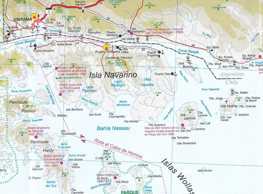 Map of former and current settlements on Isla Navarino.