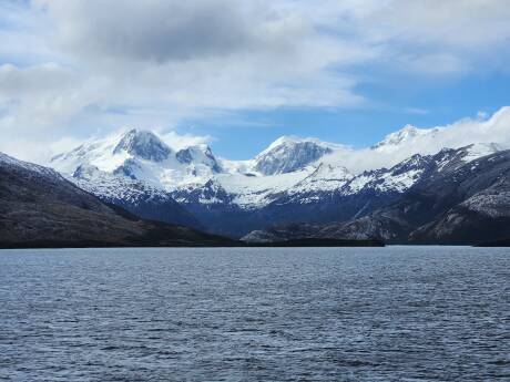 Mountains and glaciers along the Beagle Channel south of Tierra del Fuego.