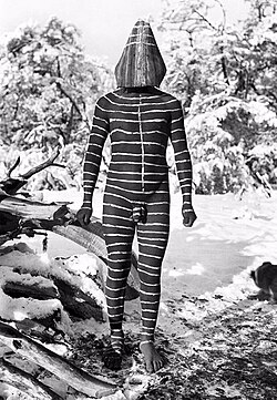 Image of a Selknam man prepared for an initiation ceremony, from https://commons.wikimedia.org/wiki/File:Selknamintdf-modified.jpg