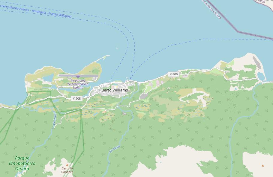 OpenStreetMap.org map of Puerto Williams and surroundings.
