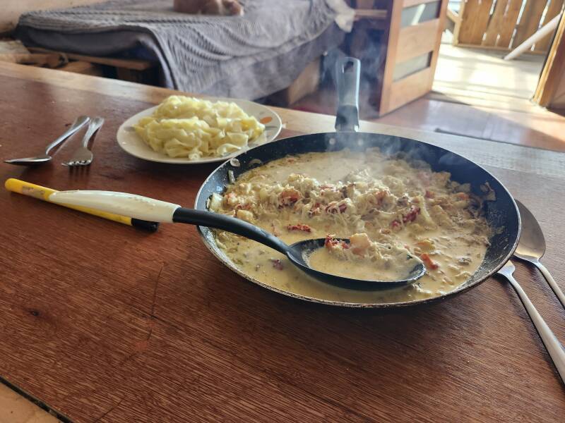 Southern king crab in a creamy sauce with pasta.