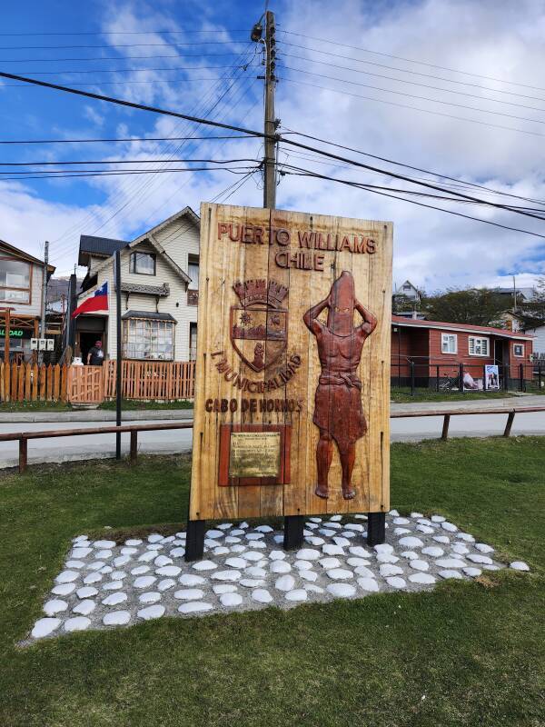 Overdressed depiction of a Yaghan ritual figure on Plaza Bernardo O'Higgins.