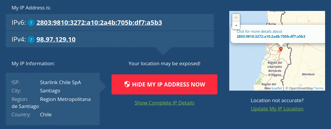Result from https://whatismyipaddress.com/ showing that it's a Starlink connection.