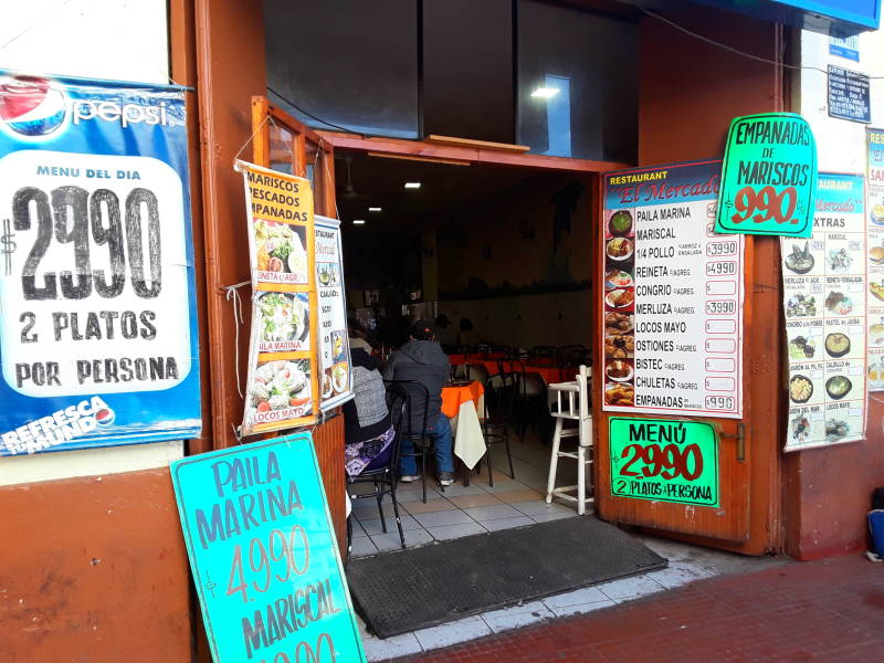 Entrance to restaurant at Mercado La Recova in La Serena, Chile.
