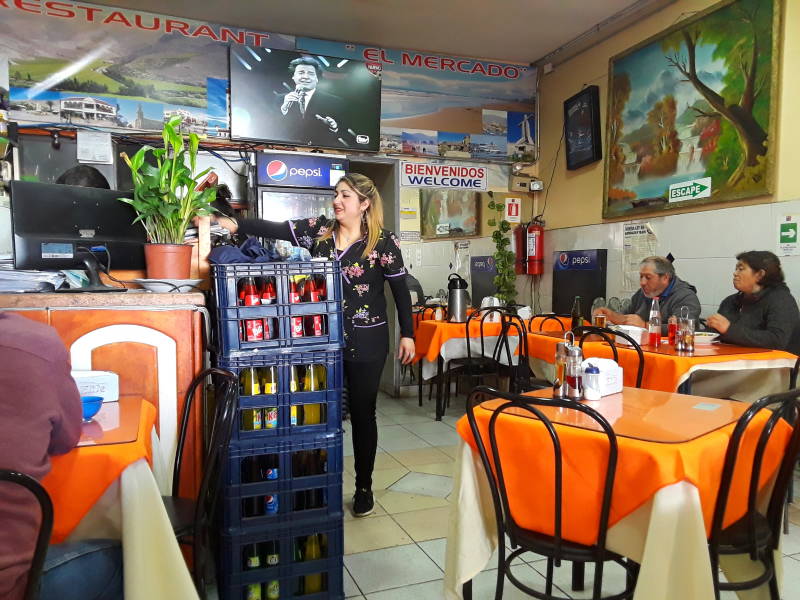 Interior of restaurant at Mercado La Recova in La Serena, Chile.