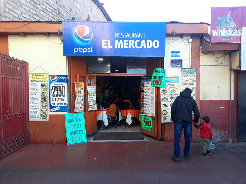 Entrance to restaurant at Mercado La Recova in La Serena, Chile.