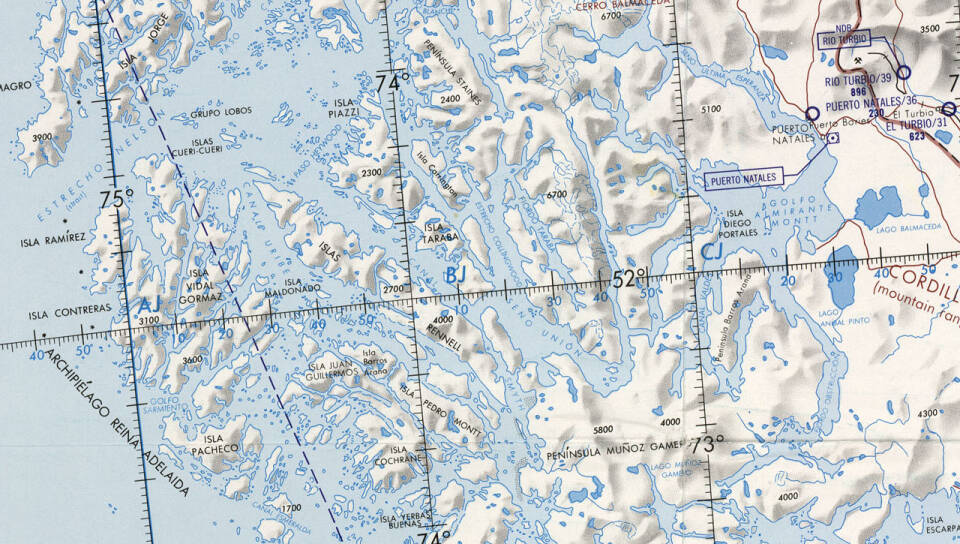 1:1,000,000 chart ONC T-18 showing fjords and islands from Puerto Natales to the Pacific.