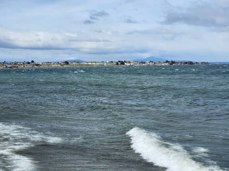 Looking back at Puerto Natales from the path along the highway and waterfront north of town.