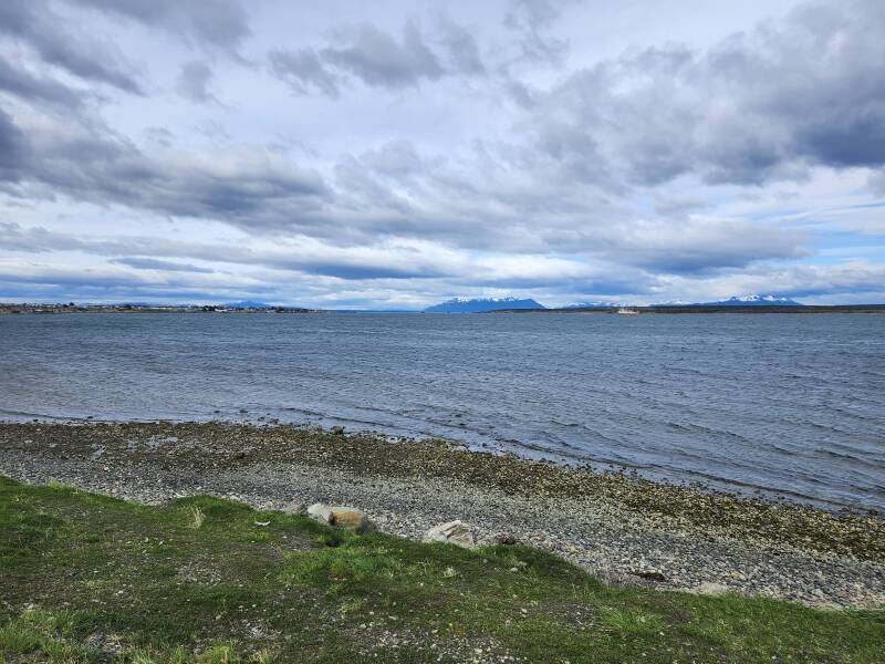 Looking back at Puerto Natales from the path along the highway and waterfront north of town.