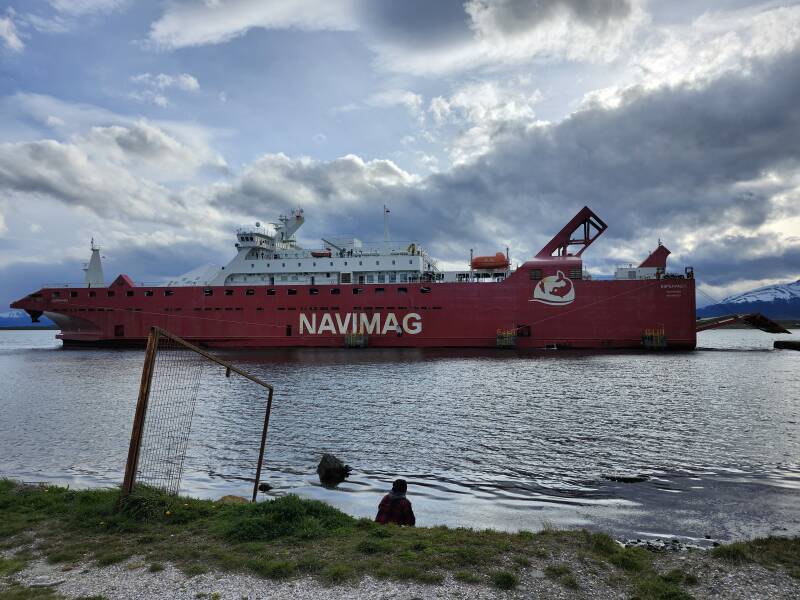 Navimag ferry at Terminal Maritimo, aft ramp partially lowered, not yet on pier.