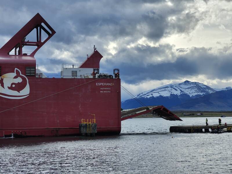 Navimag ferry at Terminal Maritimo, aft ramp partially lowered, not yet on pier.