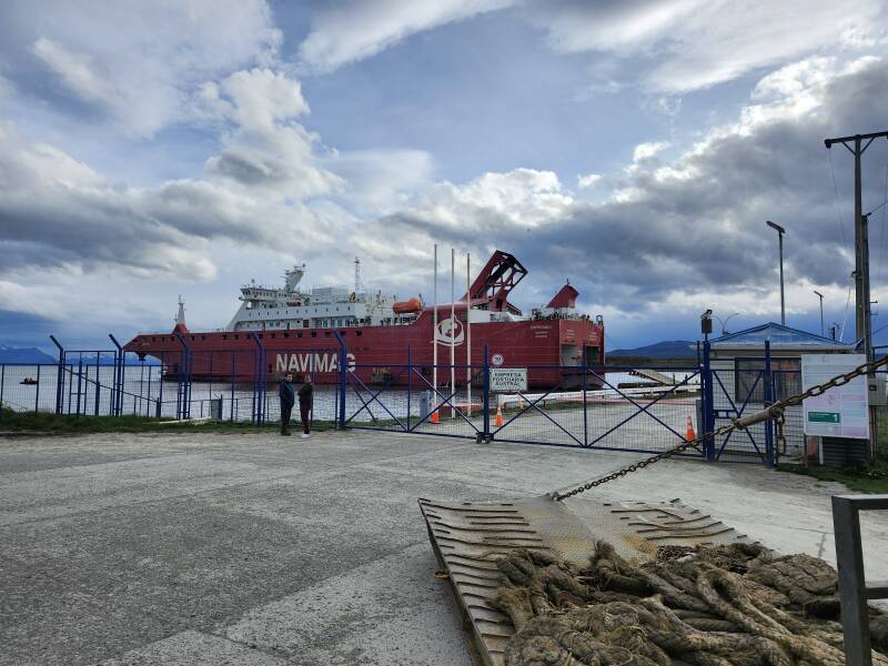 Navimag ferry at Terminal Maritimo, gate onto pier is closed.