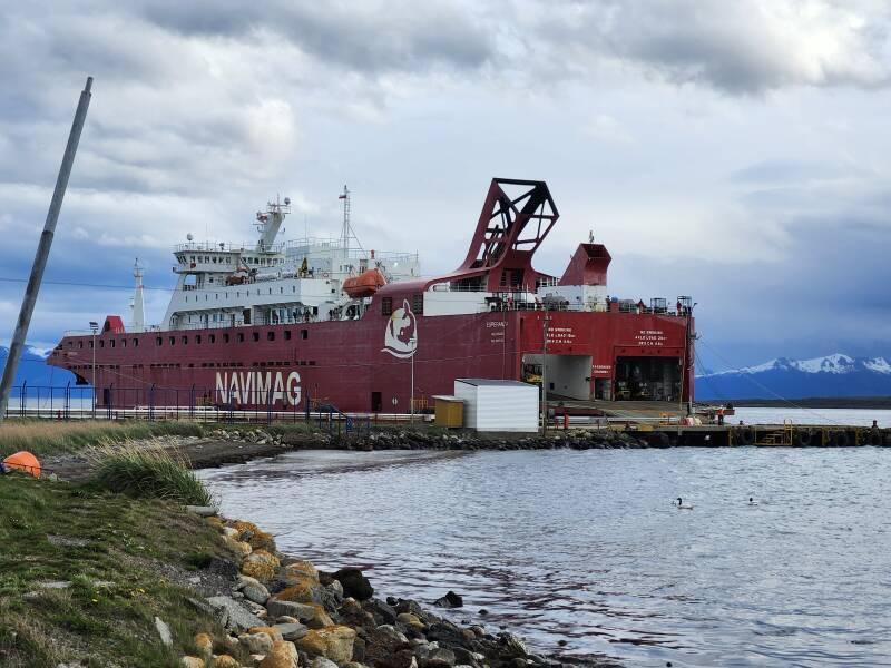 Navimag ferry at Terminal Maritimo, aft ramp partially lowered, not yet on pier.